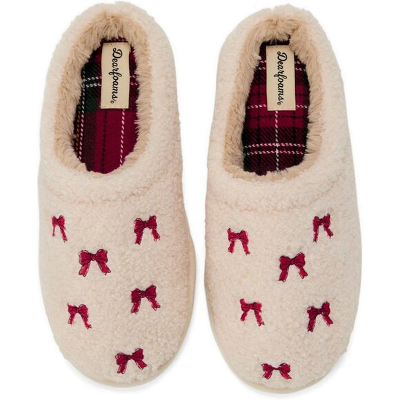 Women's Tan Red Holiday Christmas Fuzzy Cozy Sherpa Novelty House Slipper Shoes - Picture 1 of 6